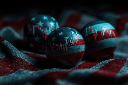 Three globes adorned with the American flag and financial data resting on draped flag