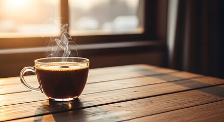 A steaming cup of hot black coffee in a glass mug on a wooden table by a window in the morning sun.