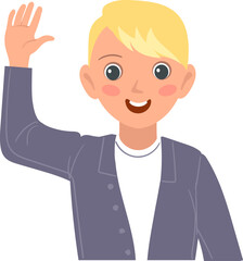 Blond Boy Waving Hand. Happy Kid Charact

