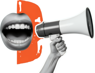 A Grayscale Image Shows An Open Mouth With A Bright White Smile Shouting Into A White And Gray Megaphone Held By A Hand Against A Transparent Background With An Abstract Orange Shape