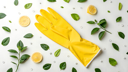 yellow rubber glove flat lay white background 