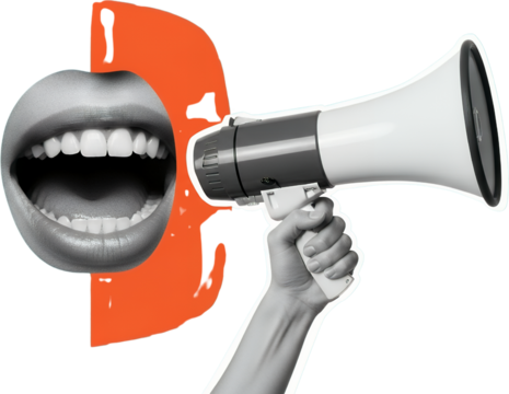 A Grayscale Image Shows An Open Mouth With A Bright White Smile Shouting Into A White And Gray Megaphone Held By A Hand Against A Transparent Background With An Abstract Orange Shape
