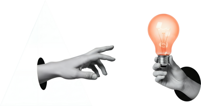 A hand emerges from a white triangle to reach a glowing orange lightbulb held in another hand against a dark background collage art Idea Innovation Creativity
