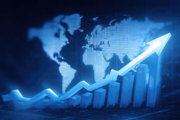 Digital blue-toned graphic depicts increasing financial growth over a world map