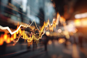 A blurred city street scene with overlayed financial data charts in shades of orange and yellow