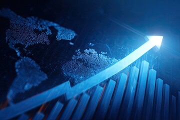 A glowing arrow ascends over a world map with ascending bars, signifying growth and success