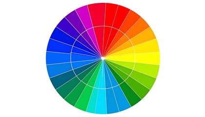 Obraz premium A circular spectrum displays a variety of color gradients, arranged around a central point with a radiating spoke pattern. The palette is isolated against a pure white background