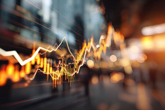 A blurred city street scene with overlayed financial data charts in shades of orange and yellow