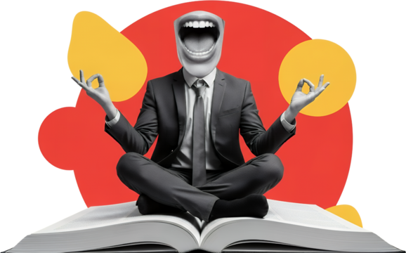 A businessman in a suit meditates with an open mouth on a large book against a red and yellow abstract background collage art Meditation Yoga Pose Zen