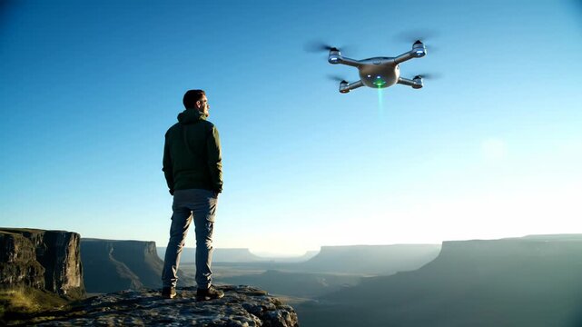 Man standing on a cliff edge with a drone flying overhead in a vast landscape