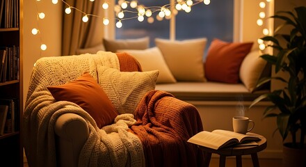 Cozy armchair with warm string lights and open book, inviting relaxation and comfort.