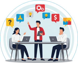 A team of three individuals collaborates around a table discussing ideas and concepts represented by icons like gears lightbulbs a dollar sign and puzzle pieces