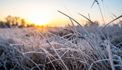 Fototapeta premium Frost rim on dry grass blades in open field under pale winter sunrise