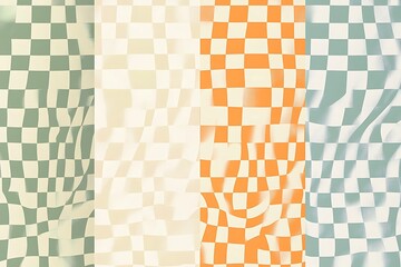 Abstract warped checkerboard pattern featuring green, orange and neutral colors creates a retro design