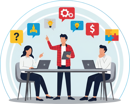 A team of three individuals collaborates around a table discussing ideas and concepts represented by icons like gears lightbulbs a dollar sign and puzzle pieces