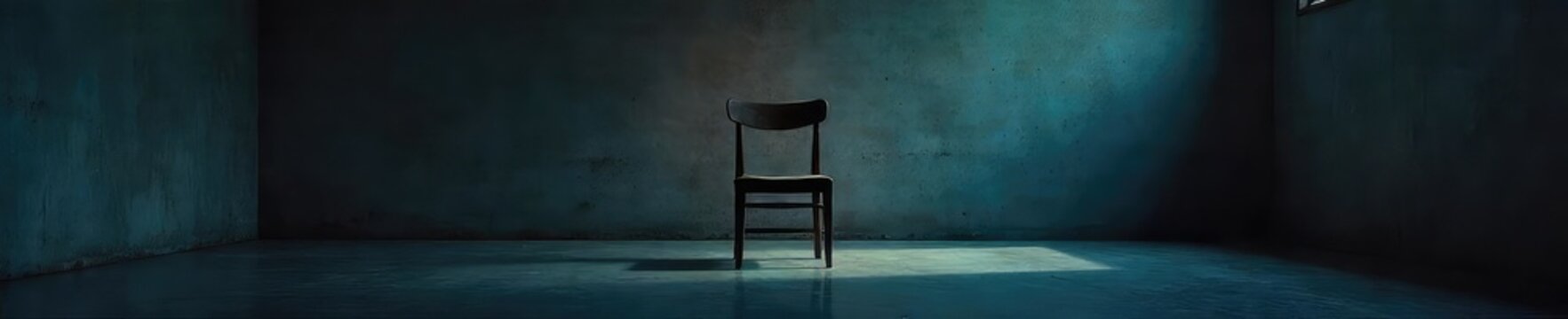 A single, empty chair sits in a dimly lit room, symbolizing the isolating ache of a headache and loneliness The overall mood is somber and reflective , one, atmosphere, deserted