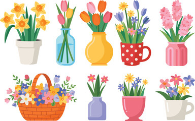 Colorful Spring Floral Bouquets in Various Vases, Potted Plants, and Flower Arrangements in Bright Colors for Decoration, Gardening, and Nature Design