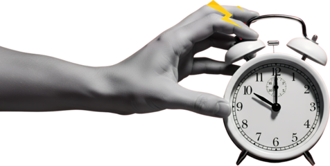 A human hand reaches to touch a white alarm clock with a yellow lightning bolt overhead signaling urgency collage art time wake up morning concept reminder