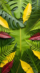 Vibrant arrangement of tropical leaves in various shades of green, yellow, and red, showcasing diverse textures and shapes for a natural, exotic backdrop