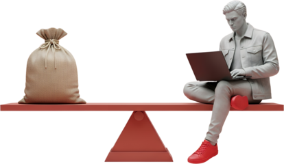 A sack of money balances on a red seesaw against a man using a laptop and wearing red sneakers collage art bag scale male person computer technology work