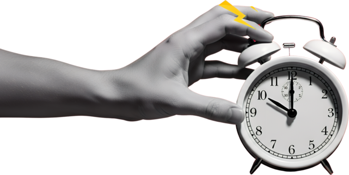 A human hand reaches to touch a white alarm clock with a yellow lightning bolt overhead signaling urgency collage art time wake up morning concept reminder