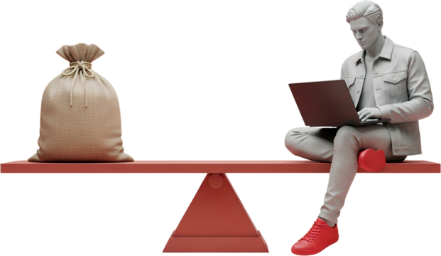 A sack of money balances on a red seesaw against a man using a laptop and wearing red sneakers collage art bag scale male person computer technology work