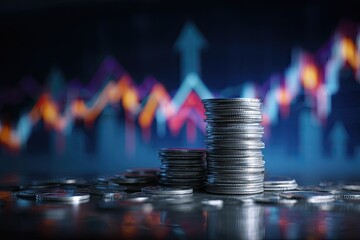 Stacks of coins in foreground against a blurred stock market graph with an upward arrow