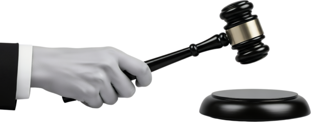 A hand in a suit holding a gavel poised above a sounding block against a dark background collage art Auction Judge Law Justice Court Legal Decision Verdict