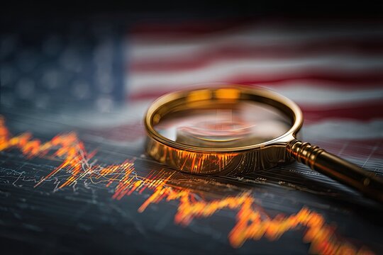 Gold magnifying glass rests over a financial graph, US flag in the blurred background - Powered by Adobe