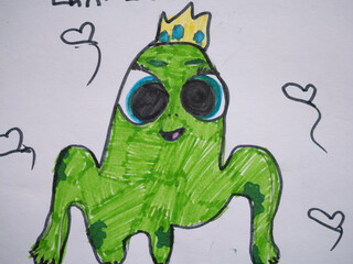 Colorful cartoon illustration of a cheerful green frog with large eyes and a crown, surrounded by playful hearts, showcasing a whimsical and joyful character design