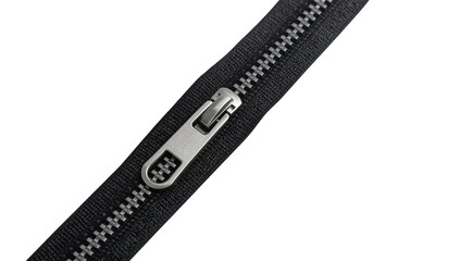 Close-up of a silver zipper slider and teeth on a png black fabric background fastener metal
