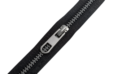 Close-up of a silver zipper slider and teeth on a png black fabric background fastener metal