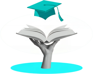 A gray hand holds open a white book under a teal graduation cap with a tassel Graduation cap hand book education learning knowledge achievement collage