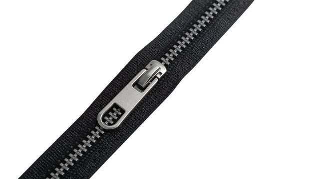 Close-up of a silver zipper slider and teeth on a png black fabric background fastener metal - Powered by Adobe