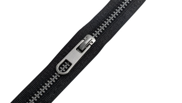 Close-up of a silver zipper slider and teeth on a png black fabric background fastener metal
