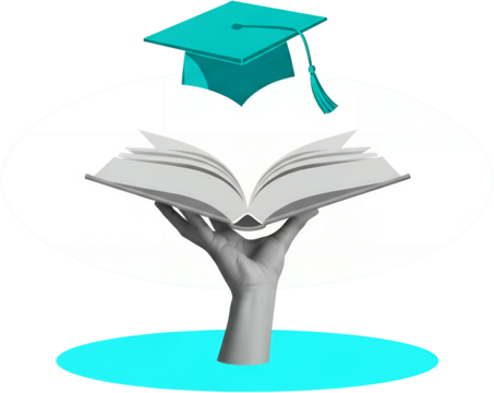A gray hand holds open a white book under a teal graduation cap with a tassel Graduation cap hand book education learning knowledge achievement collage
