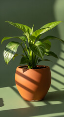 Potted green plant with striped leaves casting a shadow on a green surface