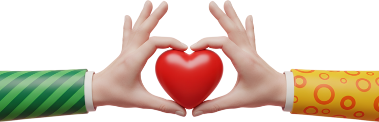 Two hands forming a heart shape around a red glossy heart one hand cuff adorned with green stripes the other with orange circles collage love care relationship