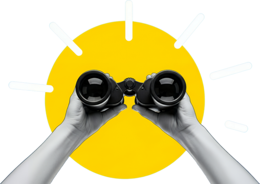 Two Hands Holding Black Binoculars Against A Bright Yellow Circle With Radiating White Lines On A Transparent Background Collage Art Searching Looking Vision