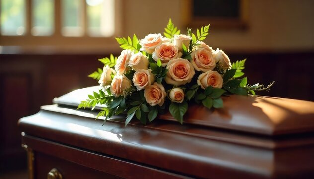 A somber and respectful arrangement of flowers sits atop a closed casket at a funeral service, conveying peace and remembrance The scene is bathed in soft, muted light , still, faith