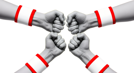 Four Clenched Fists Each Wearing A White Wristband With Red Trim Converge In The Center Against A Transparent Background Symbolizing Unity Collage Art Strength