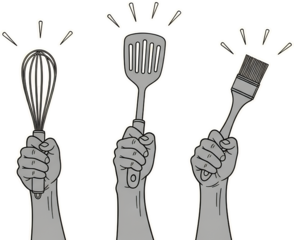 Three grey hands holding kitchen utensils a whisk a spatula and a paintbrush with light rays radiating upwards from each tool collage art Cooking Baking