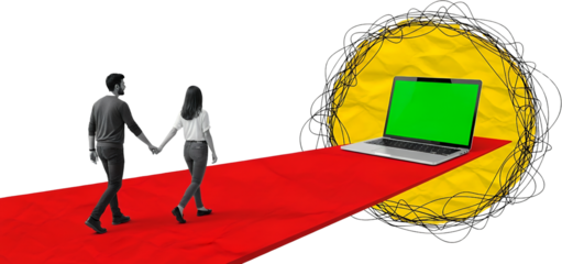A couple walks hand in hand on a red carpet towards a laptop with a green screen set against a crumpled yellow background with black scribbles collage