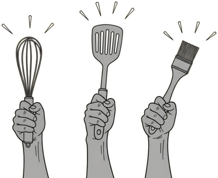 Three grey hands holding kitchen utensils a whisk a spatula and a paintbrush with light rays radiating upwards from each tool collage art Cooking Baking