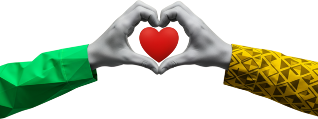 Two hands creating a heart shape around a red heart one arm wears green the other a yellow pattern collage Love Symbol Gesture Emotion Care Connection