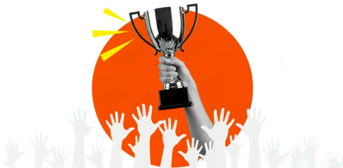 A hand holding a silver trophy aloft against an orange circle with yellow abstract rays surrounded by many raised white hands collage art award winner