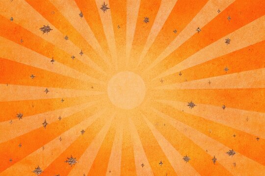 A vibrant orange burst background with numerous radial lines, featuring scattered star-like shapes - Powered by Adobe