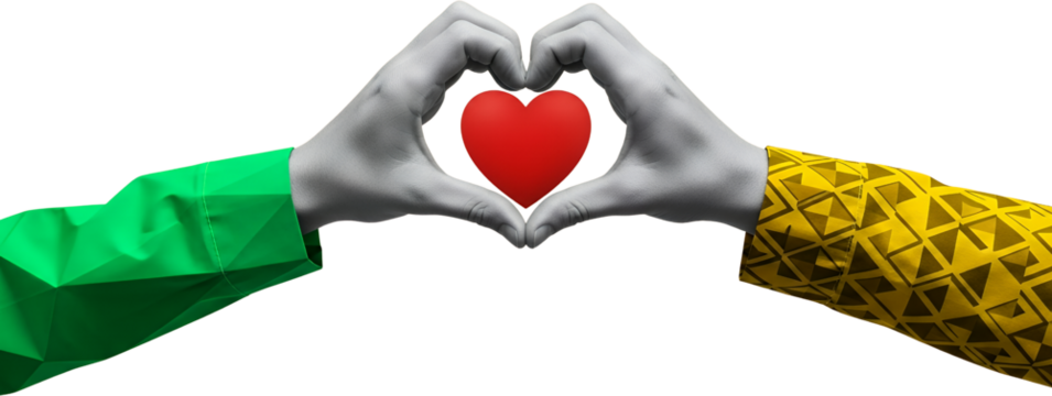 Two hands creating a heart shape around a red heart one arm wears green the other a yellow pattern collage Love Symbol Gesture Emotion Care Connection - Powered by Adobe