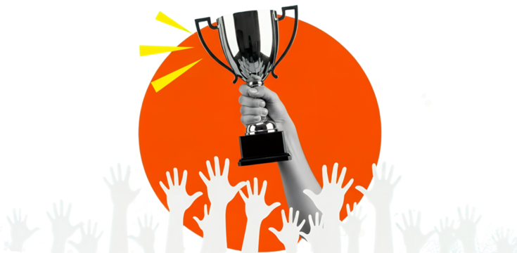 A hand holding a silver trophy aloft against an orange circle with yellow abstract rays surrounded by many raised white hands collage art award winner