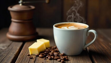 A steaming mug of butter coffee, rich and creamy, sits on a rustic wooden table next to a grinder and coffee beans, ready for a boost of energy and healthy fats ,  butter,  fat soluble vitamins